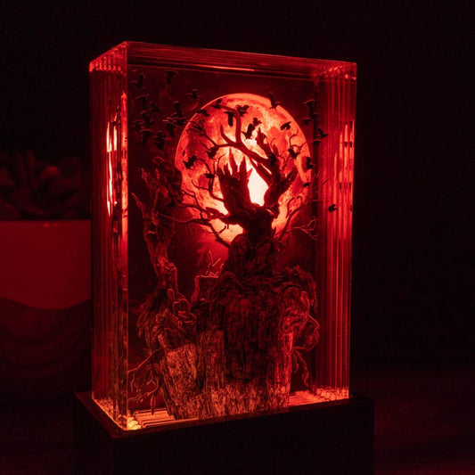 Crow Tree Halloween Resin Lamp Gift for Full Red Moon Epoxy Sculpture for Desk - ArtFIGU