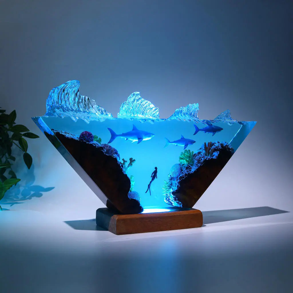 White Shark & Diver Ocean Undersea Theme Diorama Epoxy Resin Lamp, Night Light - ArtFIGU