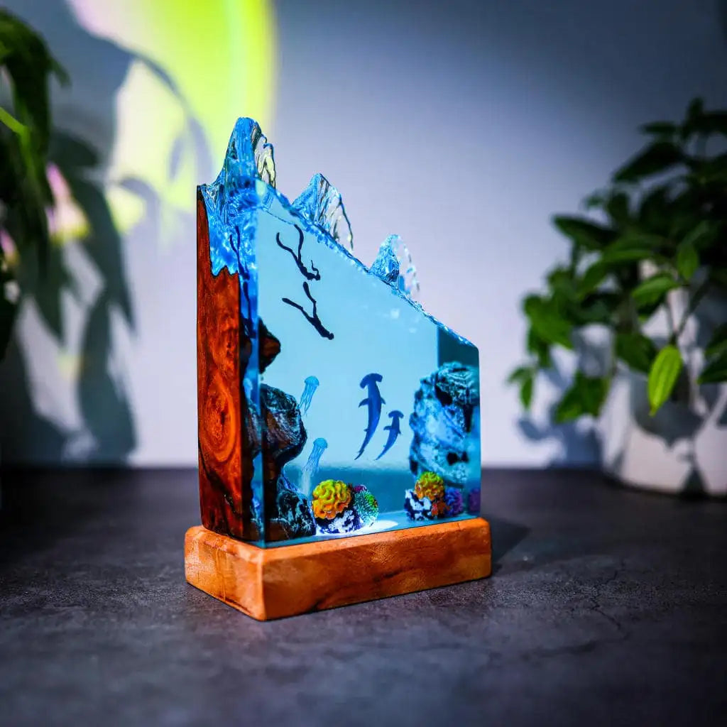 Hammerhead Sharks and Divers Undersea Ocean Diorama Epoxy Resin Lamp, Night Light - ArtFIGU