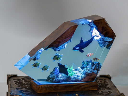 Orca Sea Turtles Manta Ray Undersea Ocean Diorama Epoxy Resin Lamp, Night Light - ArtFIGU