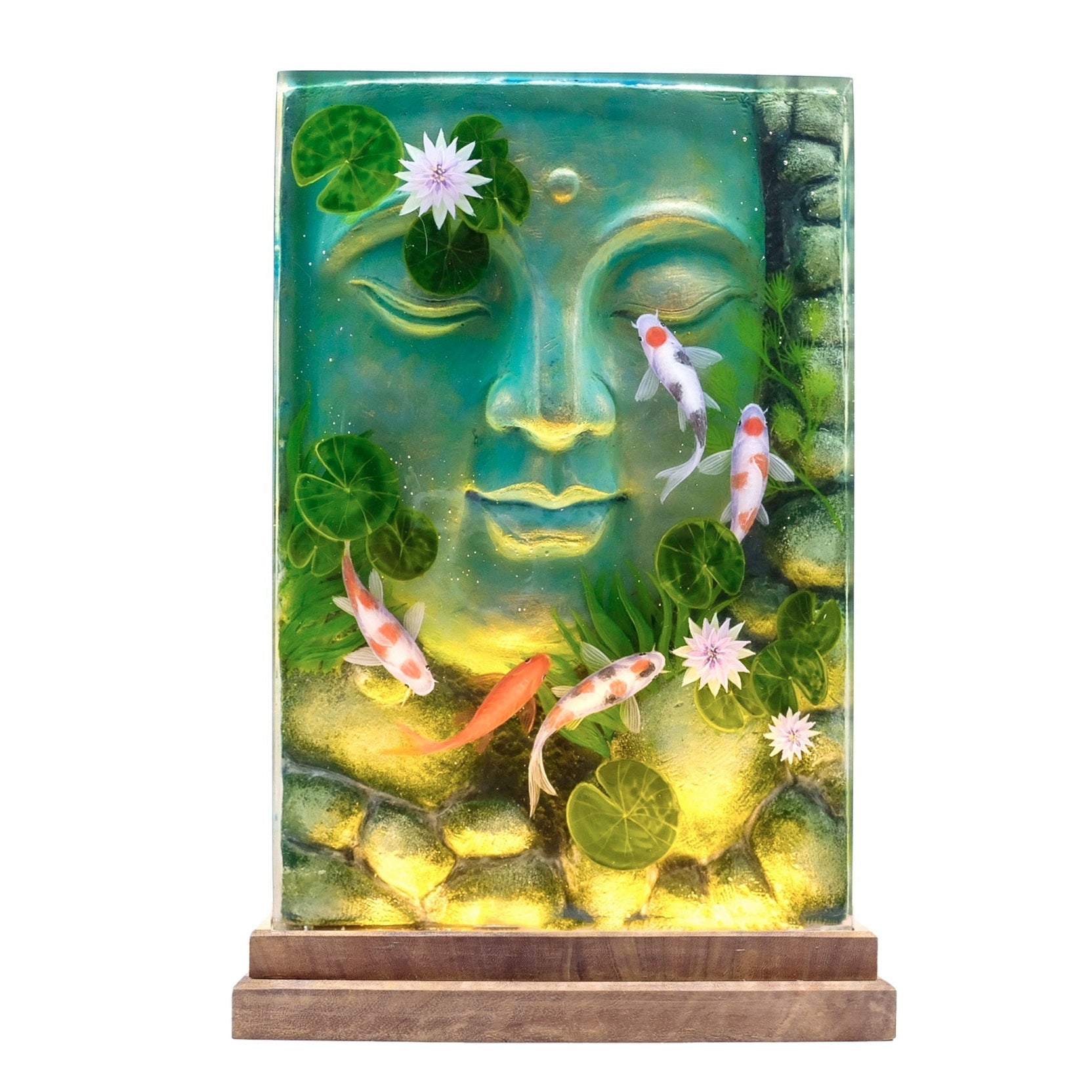 Buddha Sculpture Embodies With Koi Fish And Water Lily 3D Painting - High Quality Epoxy Resin Lamp - ArtFIGU