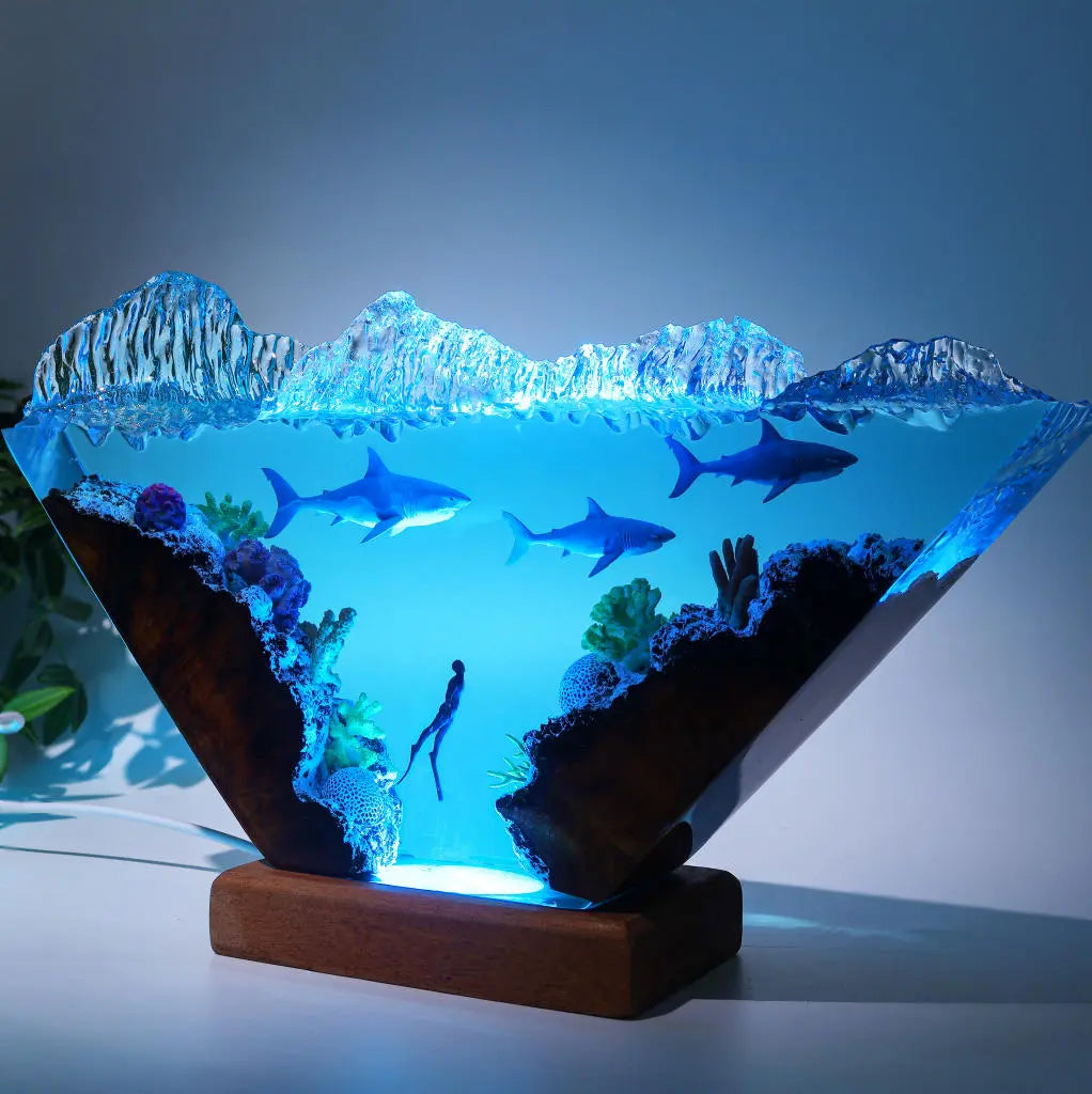 White Shark & Diver Ocean Undersea Theme Diorama Epoxy Resin Lamp, Night Light - ArtFIGU