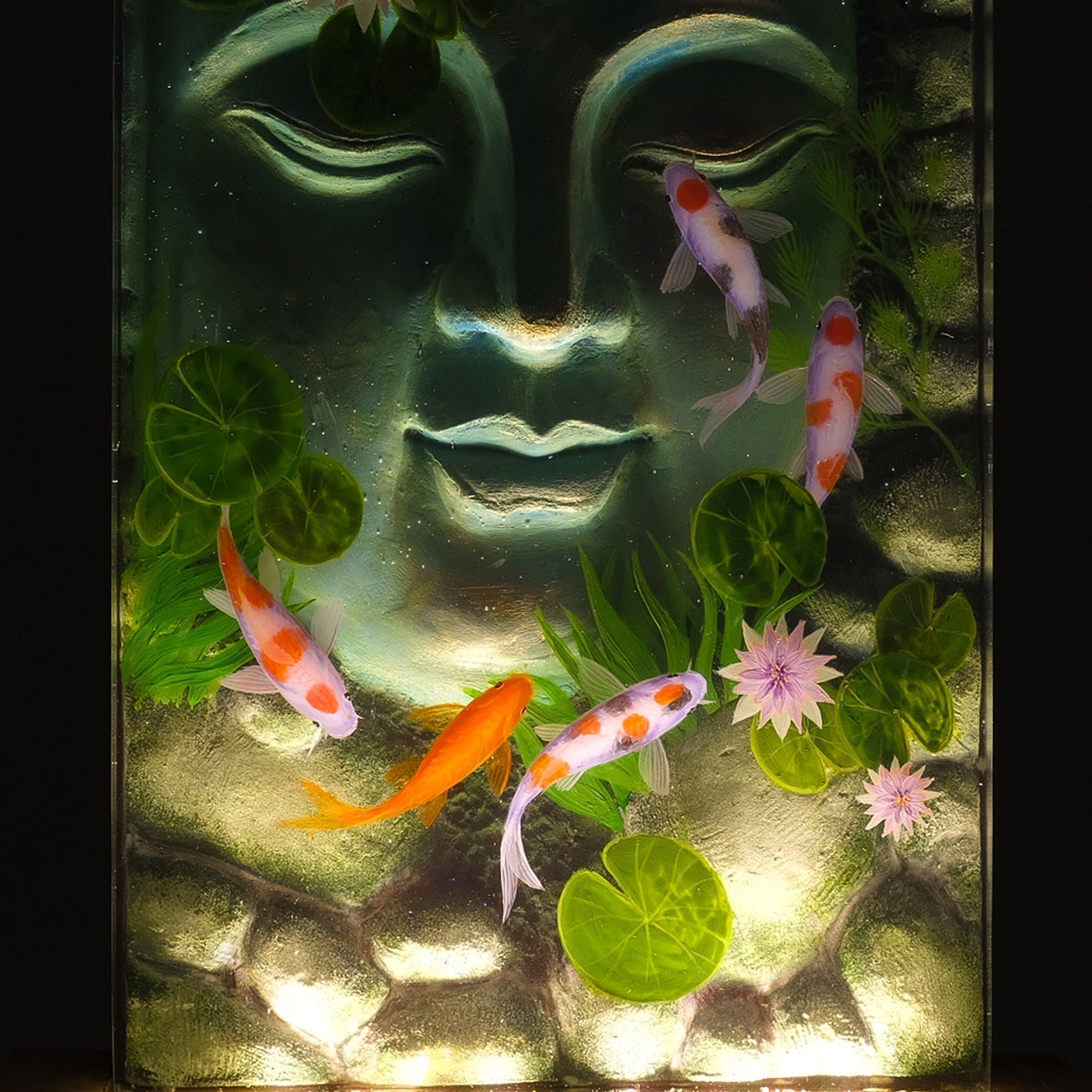 Buddha Sculpture Embodies With Koi Fish And Water Lily 3D Painting - High Quality Epoxy Resin Lamp - ArtFIGU