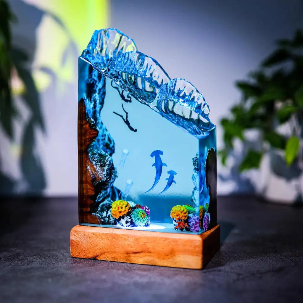 Hammerhead Sharks and Divers Undersea Ocean Diorama Epoxy Resin Lamp, Night Light - ArtFIGU