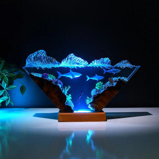 White Shark & Diver Ocean Undersea Theme Diorama Epoxy Resin Lamp, Night Light - ArtFIGU