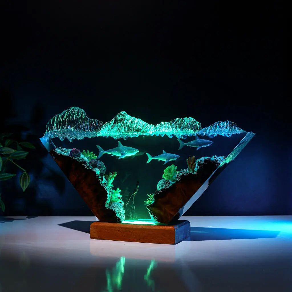 White Shark & Diver Ocean Undersea Theme Diorama Epoxy Resin Lamp, Night Light - ArtFIGU