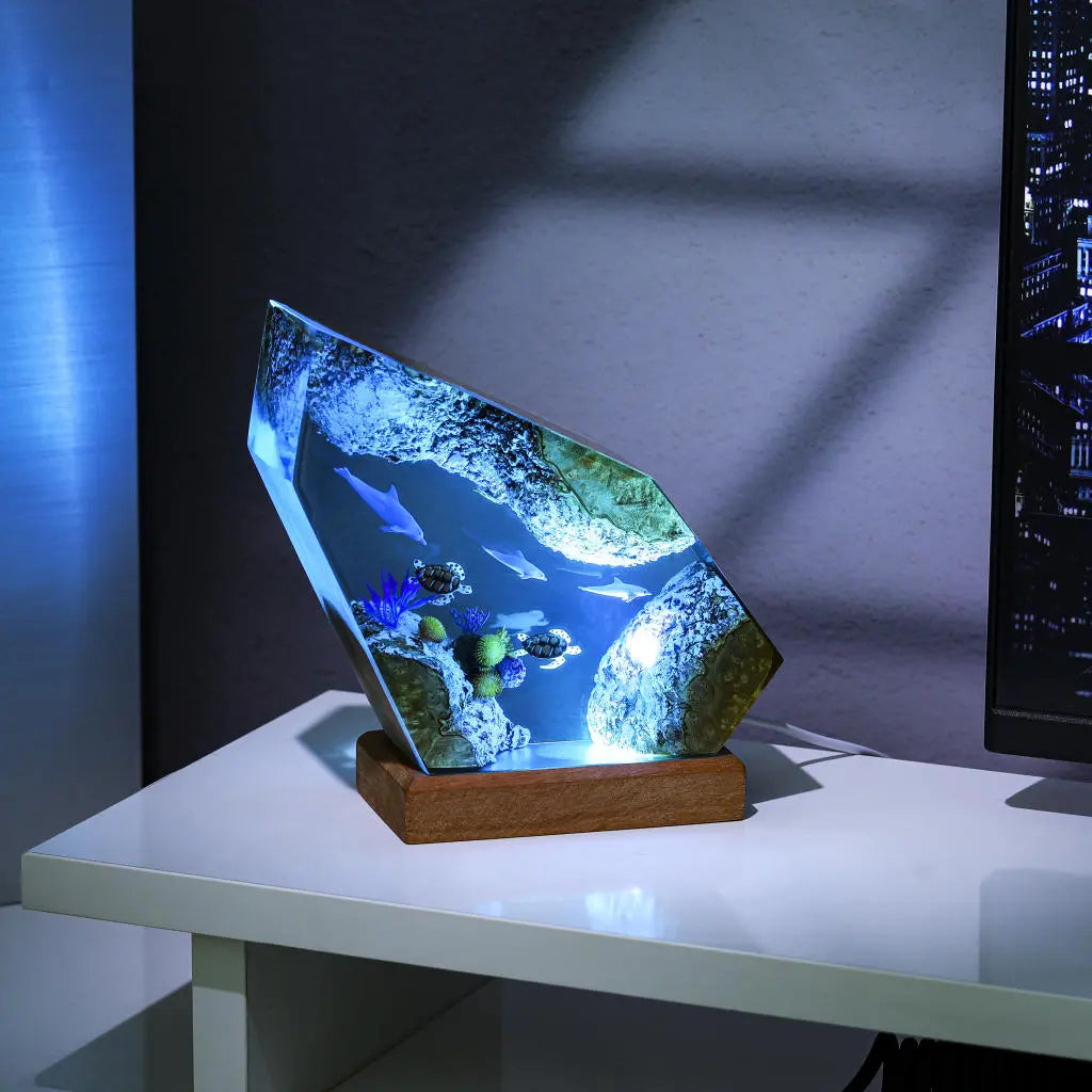 Dolphins and Turtles Undersea Ocean Diorama Epoxy Resin Lamp, Night Light - ArtFIGU