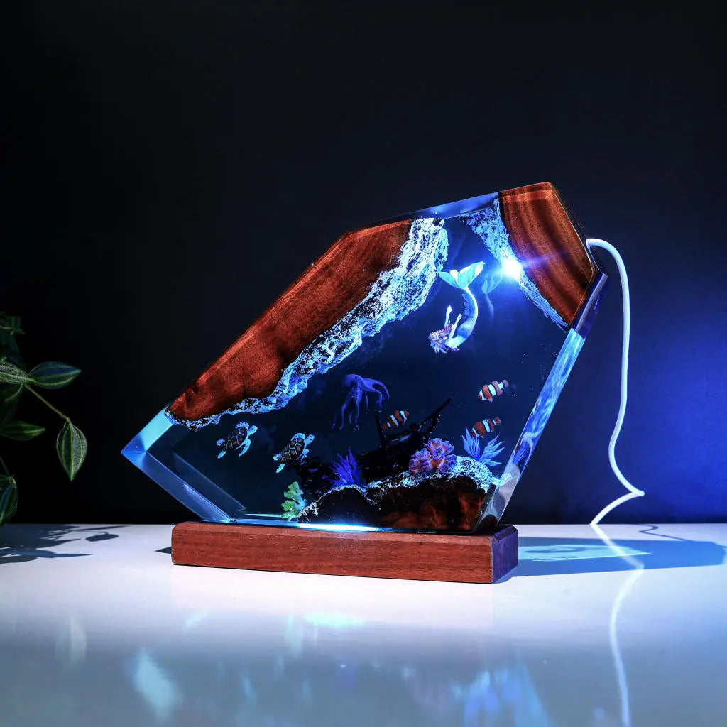 Octopus Turtles Mermaid Jellys Shipwreck Undersea Ocean Diorama Epoxy Resin Lamp, Night Light - ArtFIGU