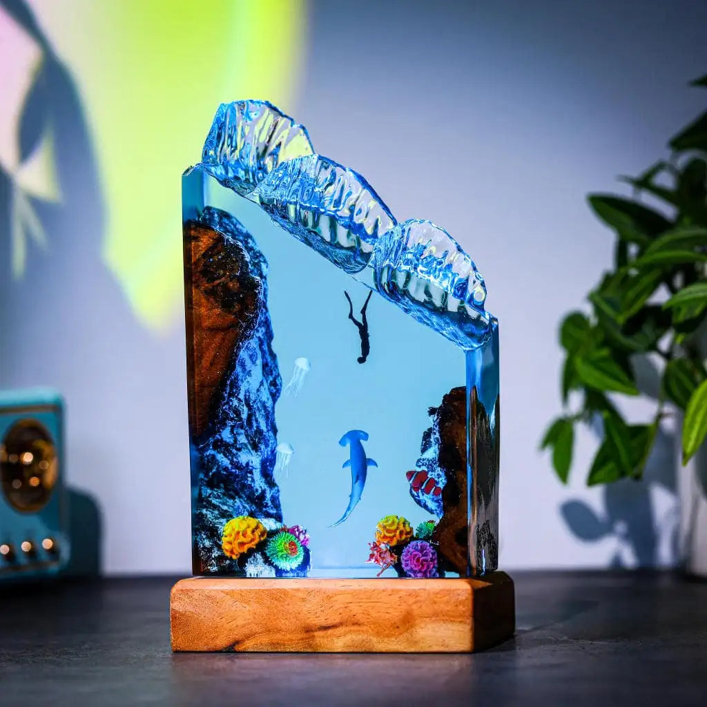 Hammerhead Sharks and Divers Undersea Ocean Diorama Epoxy Resin Lamp, Night Light - ArtFIGU