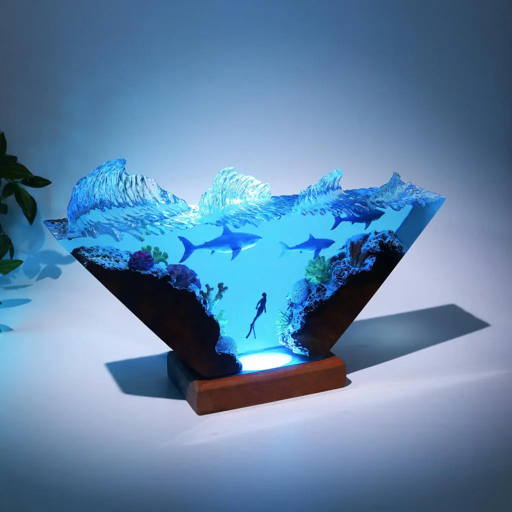 White Shark & Diver Ocean Undersea Theme Diorama Epoxy Resin Lamp, Night Light - ArtFIGU