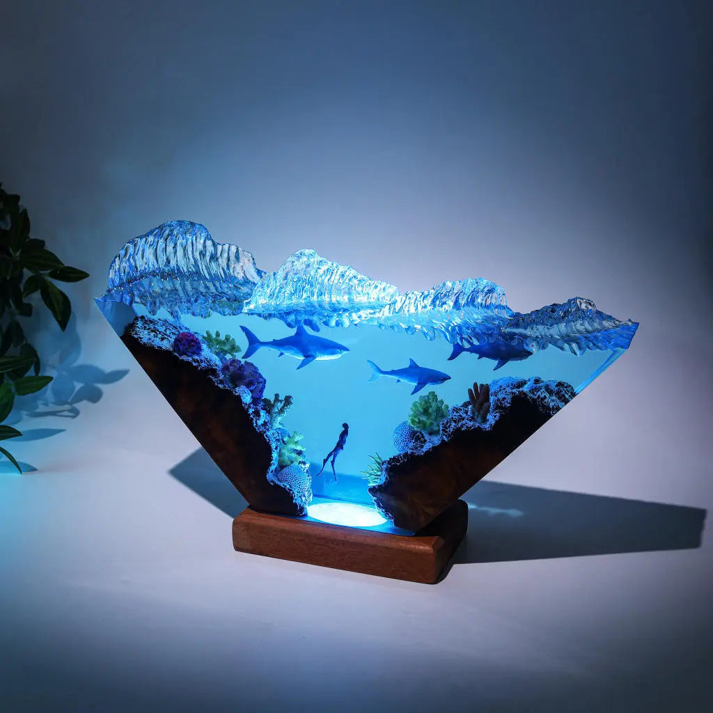 White Shark & Diver Ocean Undersea Theme Diorama Epoxy Resin Lamp, Night Light - ArtFIGU