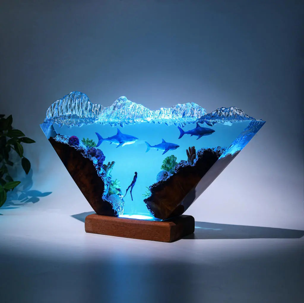 White Shark & Diver Ocean Undersea Theme Diorama Epoxy Resin Lamp, Night Light - ArtFIGU